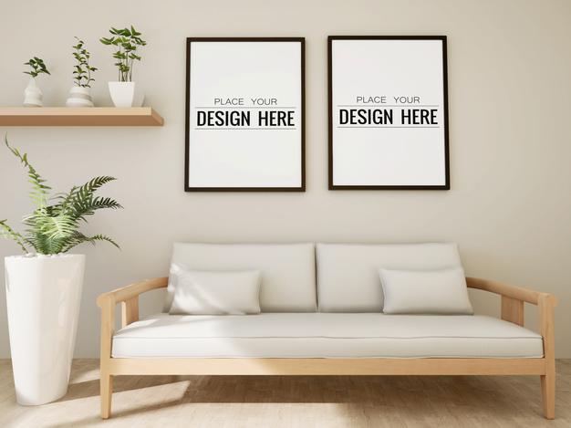 Free Poster Frame Mockup On The Wall With Plant Psd