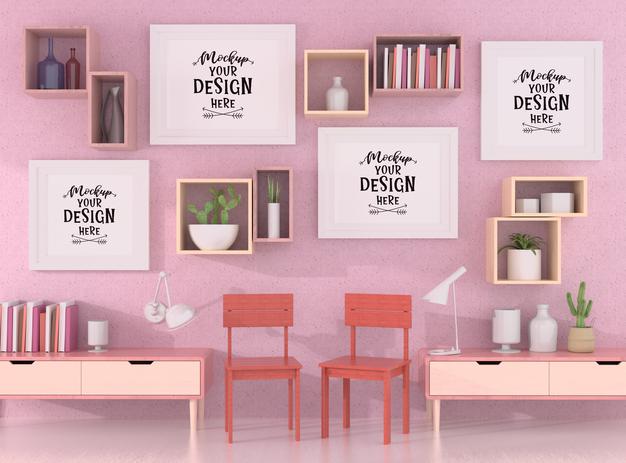 Free Poster Frames In Living Room Mockup Psd