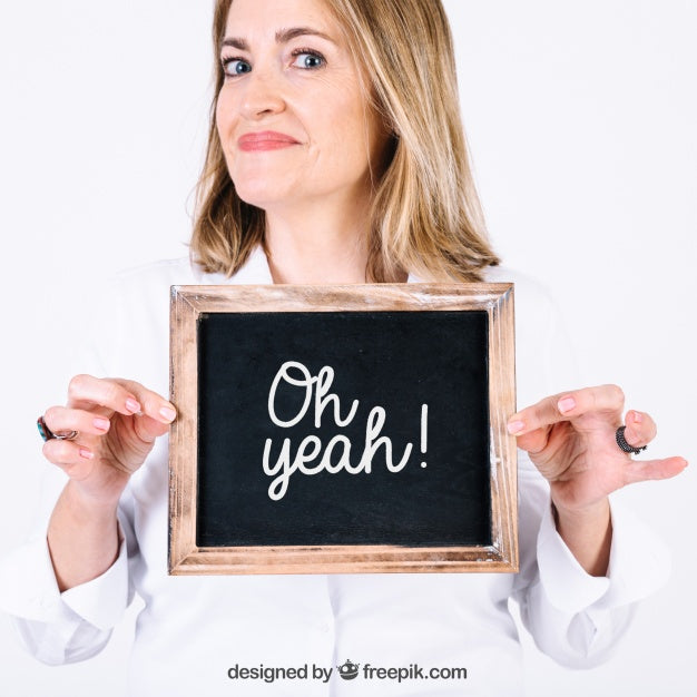Free Proud Woman Presenting Slate Psd