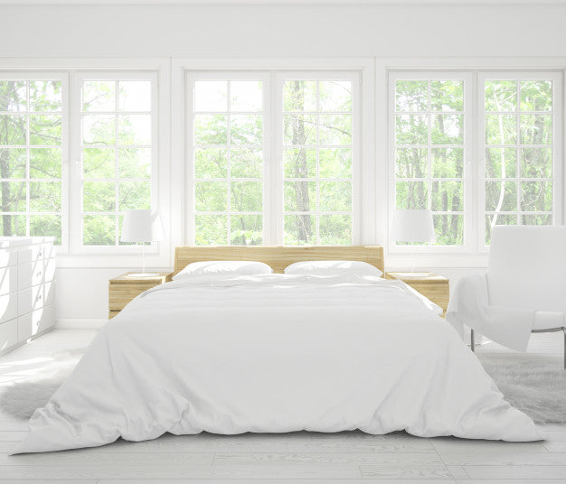 Free Realistic Double Bedroom With Furniture And Big Windows Psd