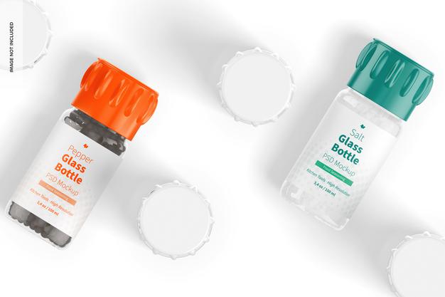 Free Salt And Pepper Glass Bottles Mockup, Top View 02 Psd