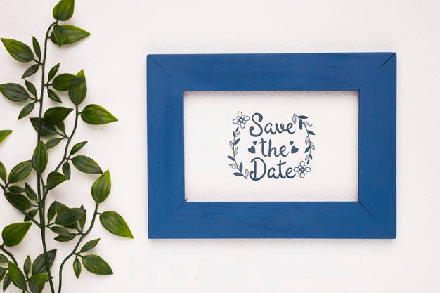 Free Save The Date Mock-Up Dark Blue Frame And Plant Psd