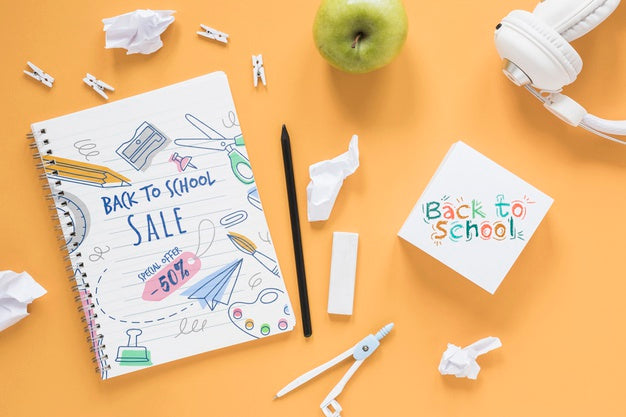 Free School Supplies Arrangement With White Headphones Psd