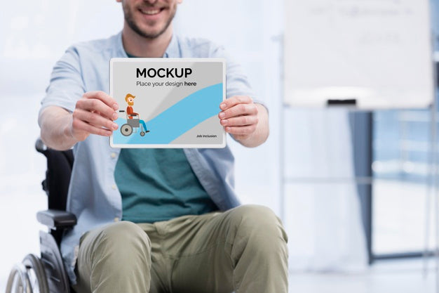 Free Smiley Man In Wheelchair At Work With Copy Space Psd