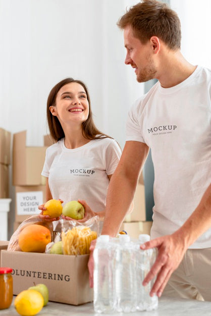 Free Smiley Volunteers Preparing Provision Boxes For Donation Psd