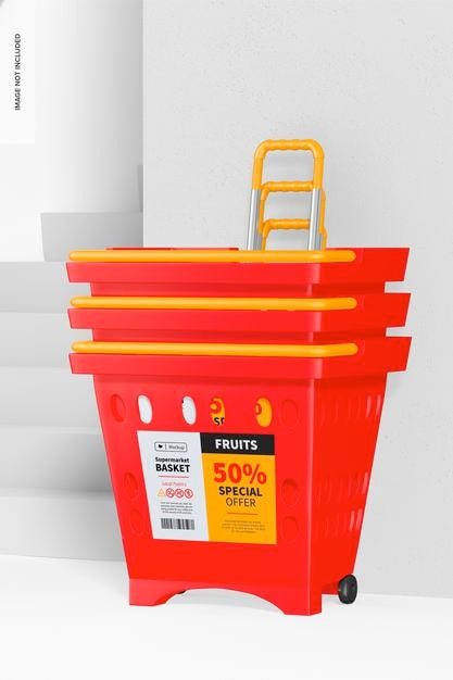 Free Square Supermarket Basket Mockup, Stacked Psd