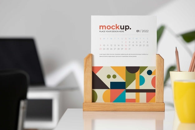 Free Table Display With Calendar Mockup In Real Life Psd
