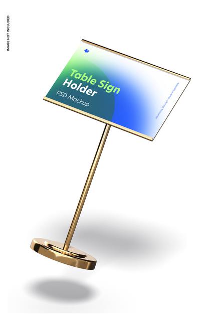 Free Table Sign Holder Metallic Base Mockup, Falling Psd