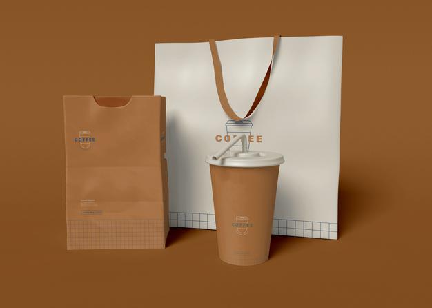 Free Coffee Cups and Kraft Bag Mockup