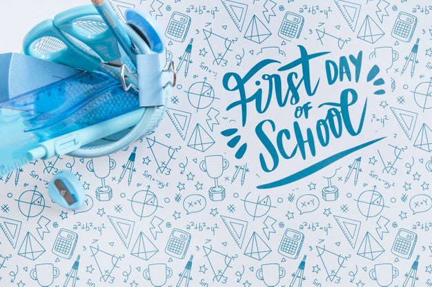 Free Top View Arrangement With Blue School Supplies Psd