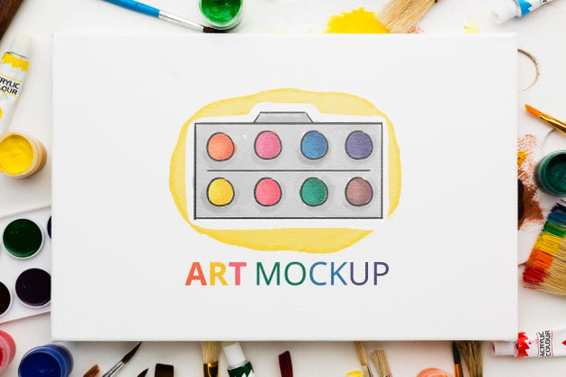 Free Top View Artist Desk With Canvas Psd