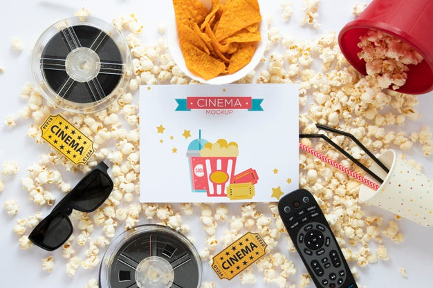 Free Top View Cinema Mockup With Popcorn Psd