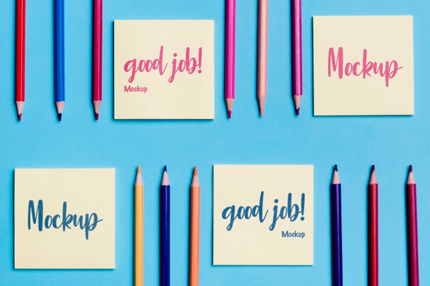 Free Top View Collection Of Notes And Colorful Pencils Psd