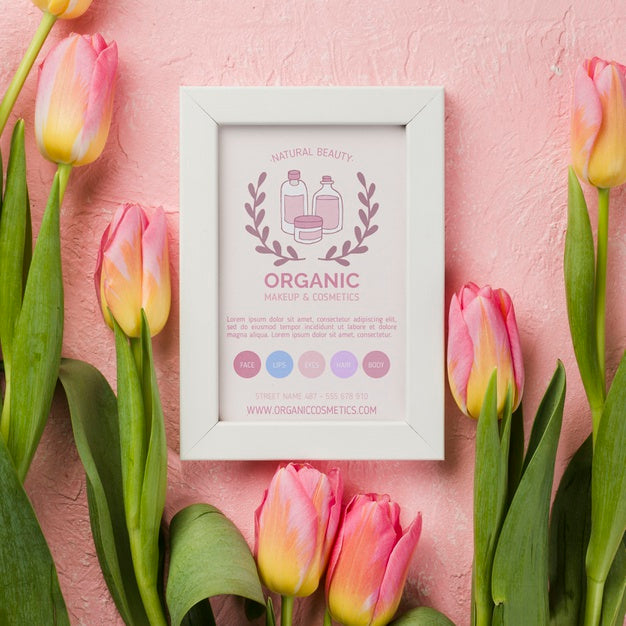 Free Top View Cosmetics Mockup With Flowers Psd