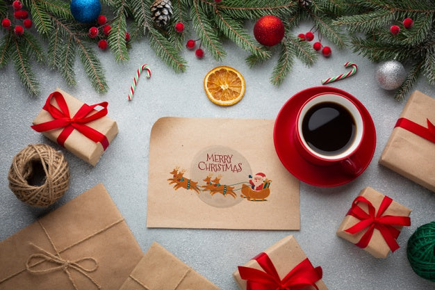Free Top View Cup Of Coffee With Gift Boxes Psd