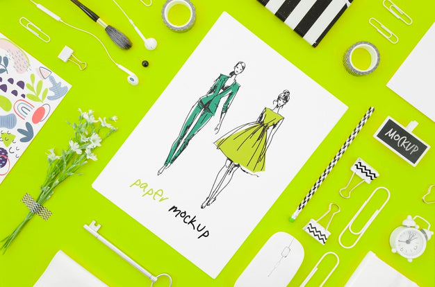 Free Top View Designer And Stationery Items Mock-Up Psd