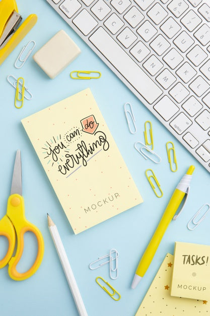 Free Top View Desk Concept With Notepad Psd