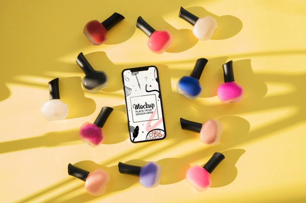 Free Top View Mock-Up With Nail Polish And Shadows Psd