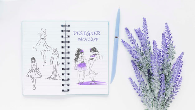 Free Top View Notepad With Drawings And Plant Psd