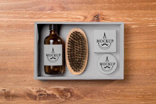 Free Top View Of Beard Care Products With Balm And Brush Psd