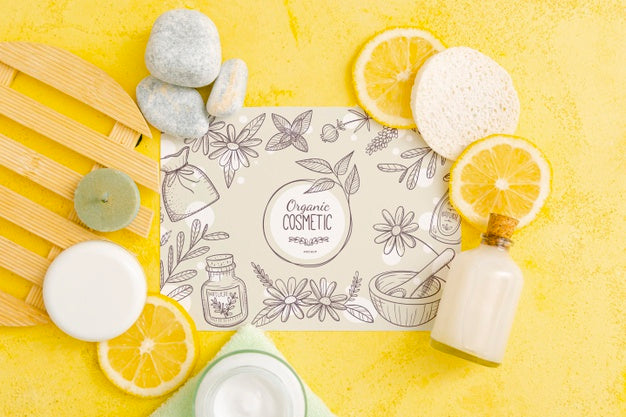 Free Top View Of Beauty Cosmetics With Citrus Psd