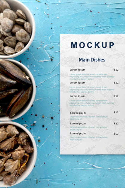 Free Top View Of Bowls With Different Seafood And Menu Psd