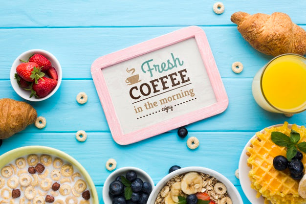 Free Top View Of Breakfast Food With Cereals And Waffles Psd