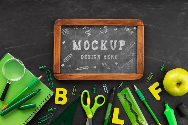 Free Top View Of Chalkboard With School Essentials For Education Day Psd