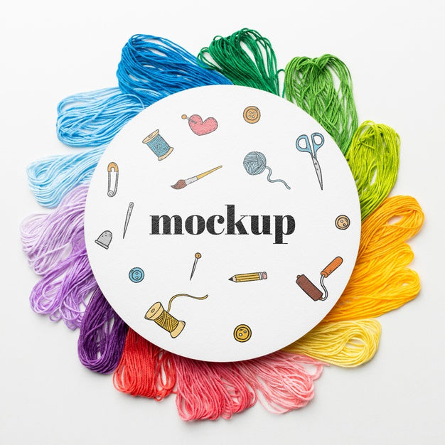 Free Top View Of Mock-Up Frame Design With Colorful Thread Psd
