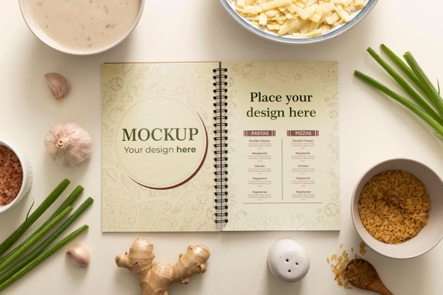 Free Top View Of Notebook With Christmas Dishes And Chives Psd