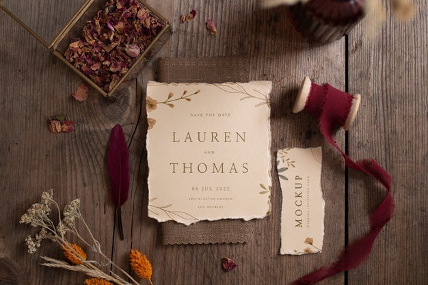 Free Top View Of Paper Mock-Up Rustic Wedding Invitation With Leaves And Flowers Psd