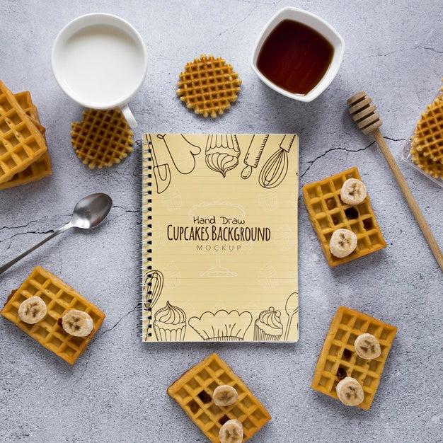 Free Top View Of Waffles With Banana Slices And Honey Psd
