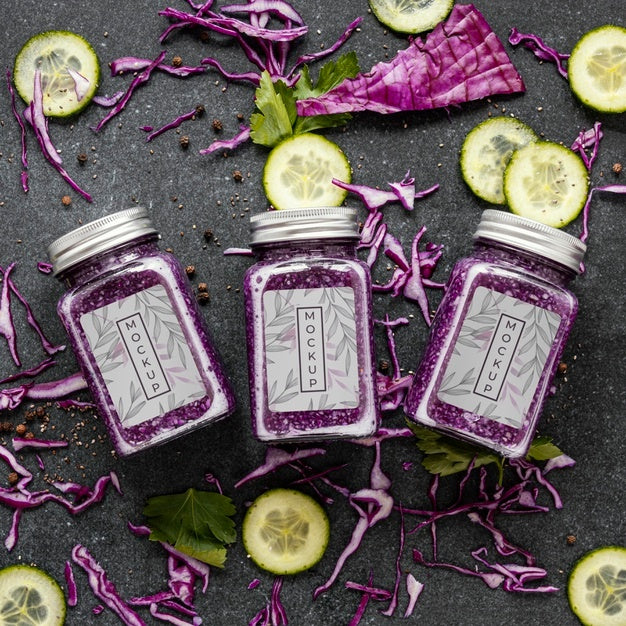 Free Top View On Food For Defenses With Jar Mockup Psd