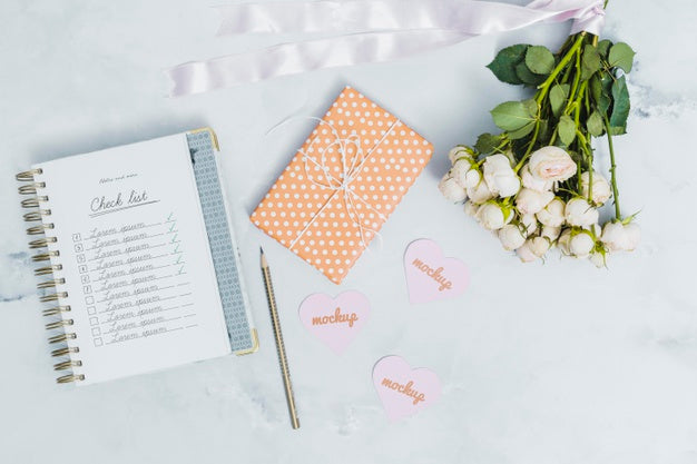 Free Top View Present And Flowers With Mock-Up Psd