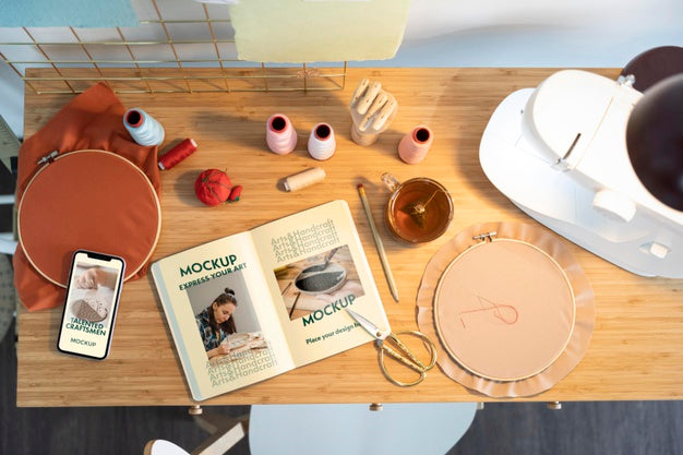 Free Top View Sewing Machine On Table Psd