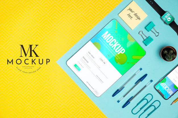 Free Top View Tablet And Desk Items Psd
