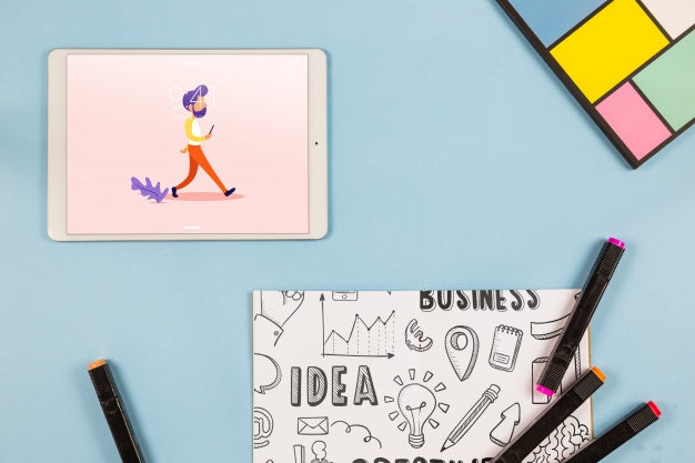 Free Top View Tablet Mockup With Desk Elements Psd