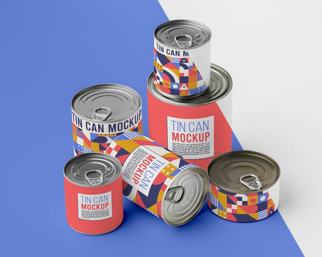 Free Top View Tin Cans Arranged On Table Psd