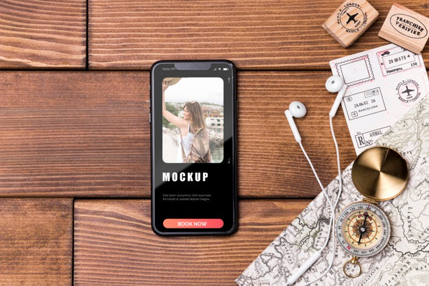 Free Top View Travel Mock-Up Listening To Music Psd