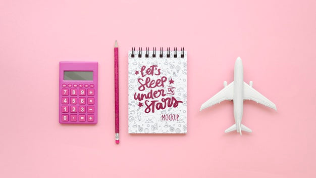 Free Top View Travelling Plane And Pink Calculator Psd