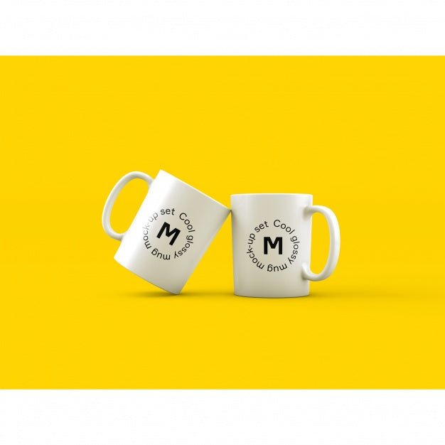 Free Two White Coffee Mugs on Yellow Background PSD Mockup