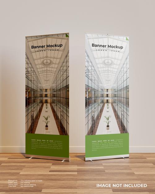 Free Two Roll Up Banner Mockup In Interior Scene Psd