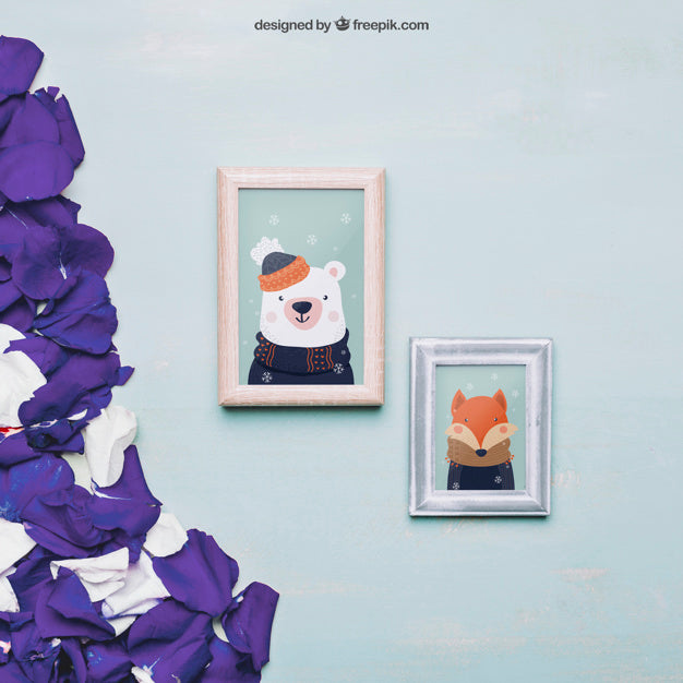 Free Valentine Mockup With Frames And Purple Petals Psd