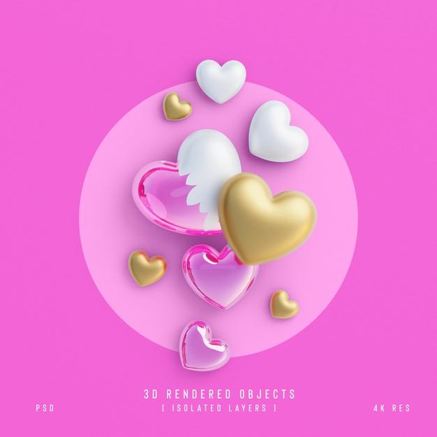 Free Valentines Day Cute Love Hearts Decorative Composition Isolated And Transparent 3D Rendering Psd