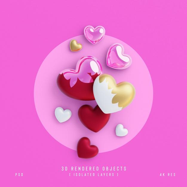 Free Valentines Day Cute Love Hearts Decorative Composition Isolated And Transparent 3D Rendering Psd