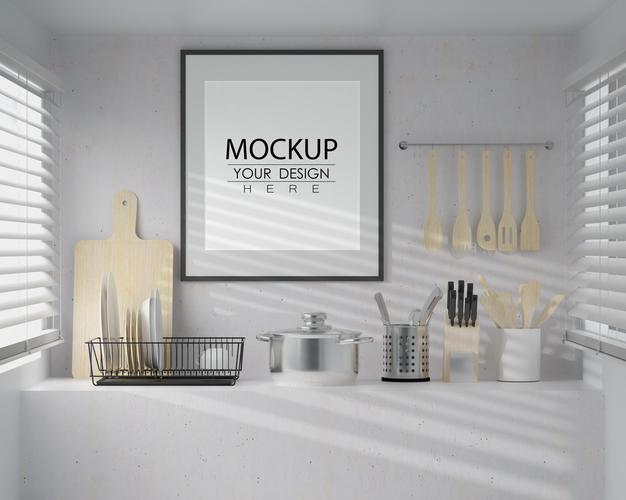 Free Wall Art Or Picture Frame Mockup On Kitchen Room Interior Psd