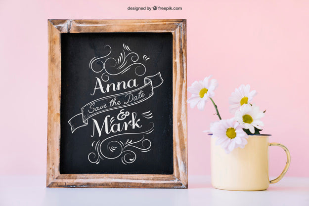 Free Wedding Decoration With Slate Next To Mug Psd
