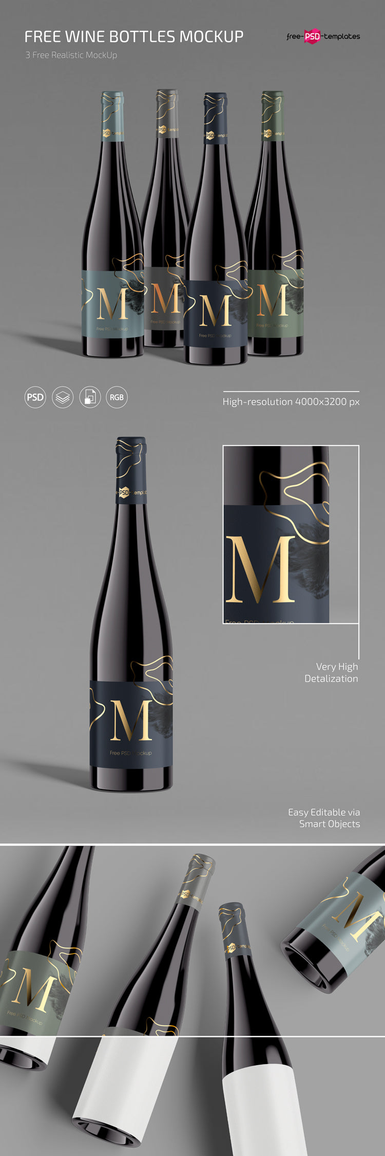 Free Wine Bottle Mockup Set In Psd