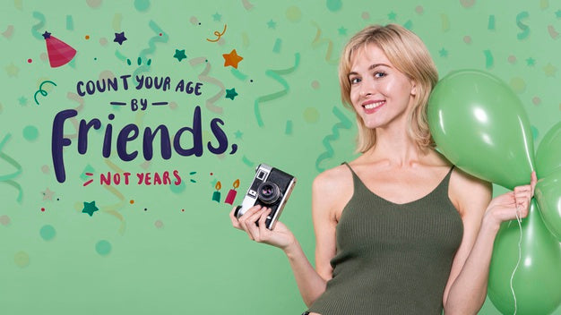 Free Woman Holding Balloons And Camera Psd