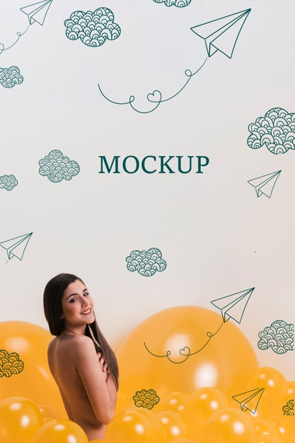 Free Woman Looking At Camera With Yellow Clouds Mock-Up Psd